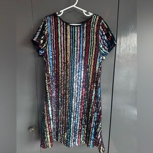 EUC Girls MED Trixxi Girl vertical rainbow sequin stripes, short sleeve Dress